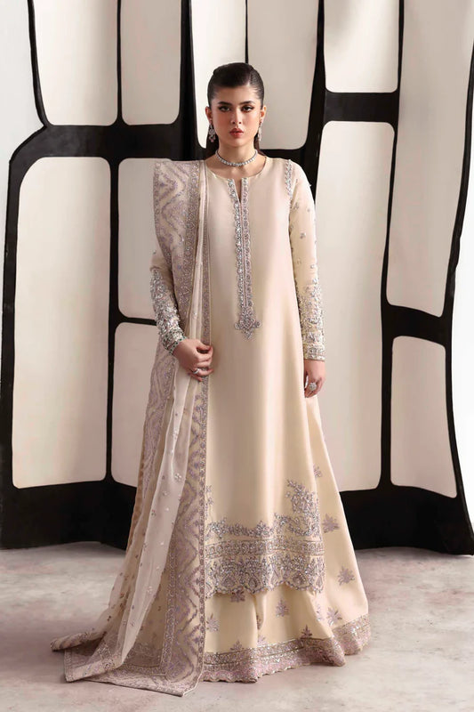 Elegant silk suit featuring hand-embroidered front, back, and sleeves, matching embroidered trouser, and a 3-yard organza dupatta for a complete festive look.