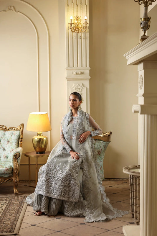 Elegant organza outfit with hand-embellished front, sleeves, and borders. Comes with embroidered dupatta, Russian grip inner, and 6 yards of raw silk trouser.