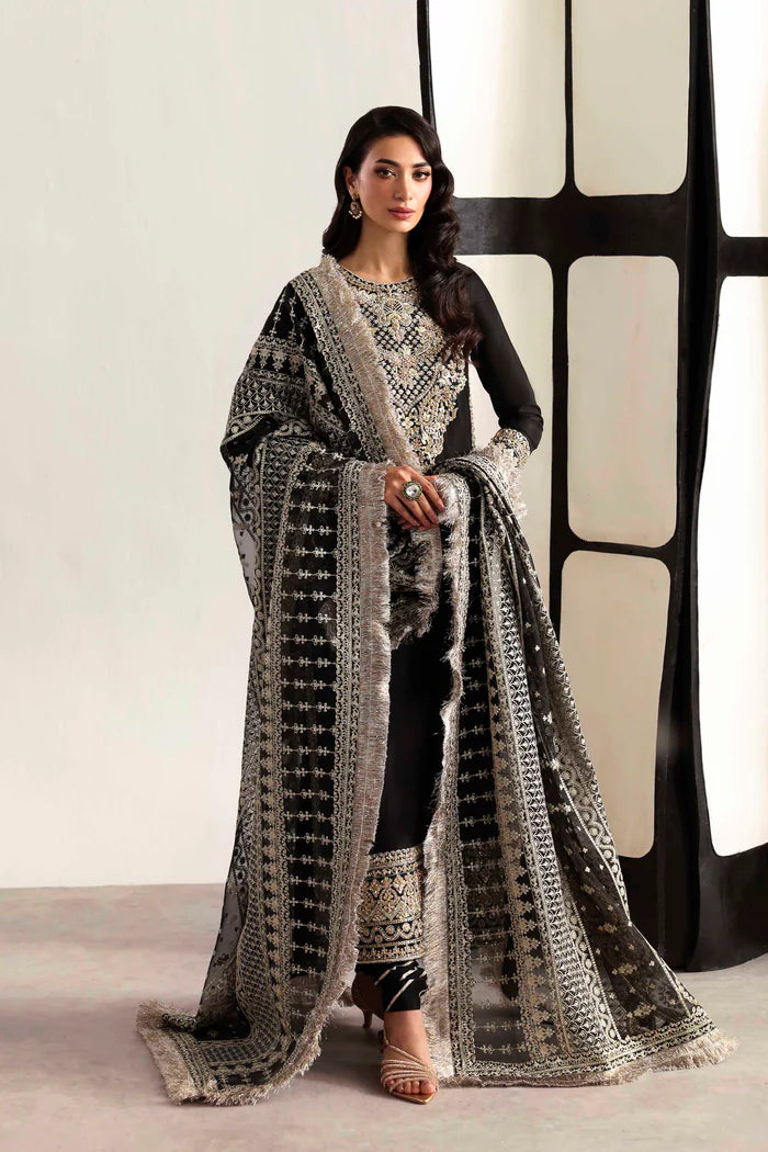 Luxury organza suit with hand-embroidered front and back necklines, detailed borders, embroidered dupatta, and dyed silk for front, back, sleeves, and trouser.
