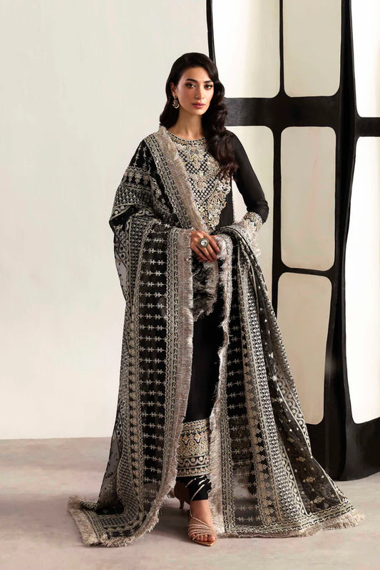 Luxury organza suit with hand-embroidered front and back necklines, detailed borders, embroidered dupatta, and dyed silk for front, back, sleeves, and trouser.
