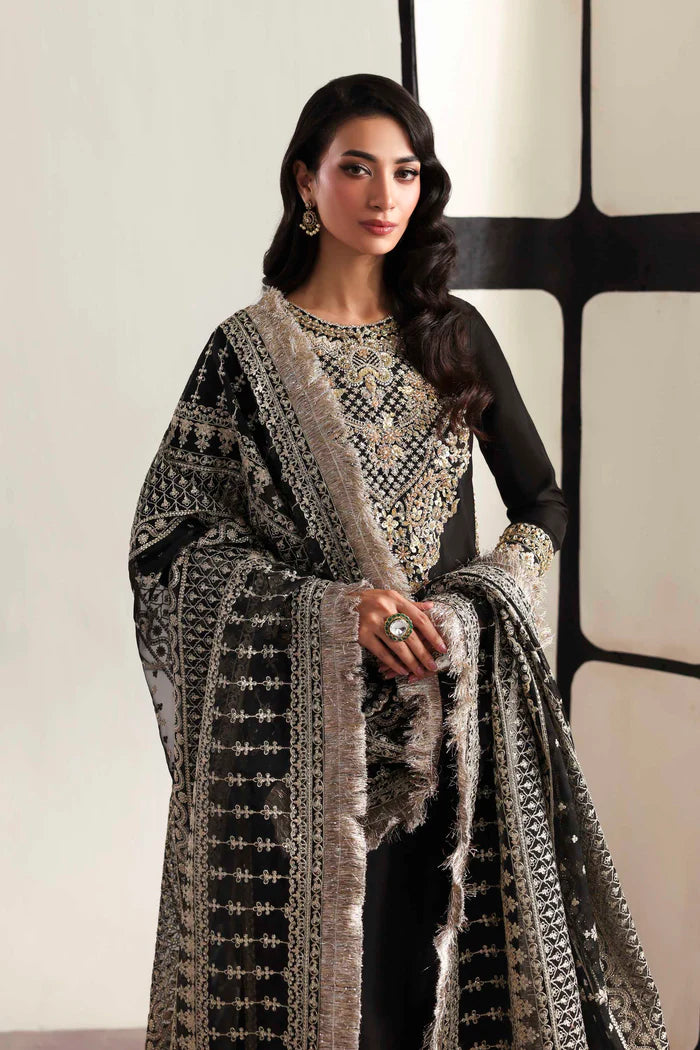 Luxury organza suit with hand-embroidered front and back necklines, detailed borders, embroidered dupatta, and dyed silk for front, back, sleeves, and trouser.
