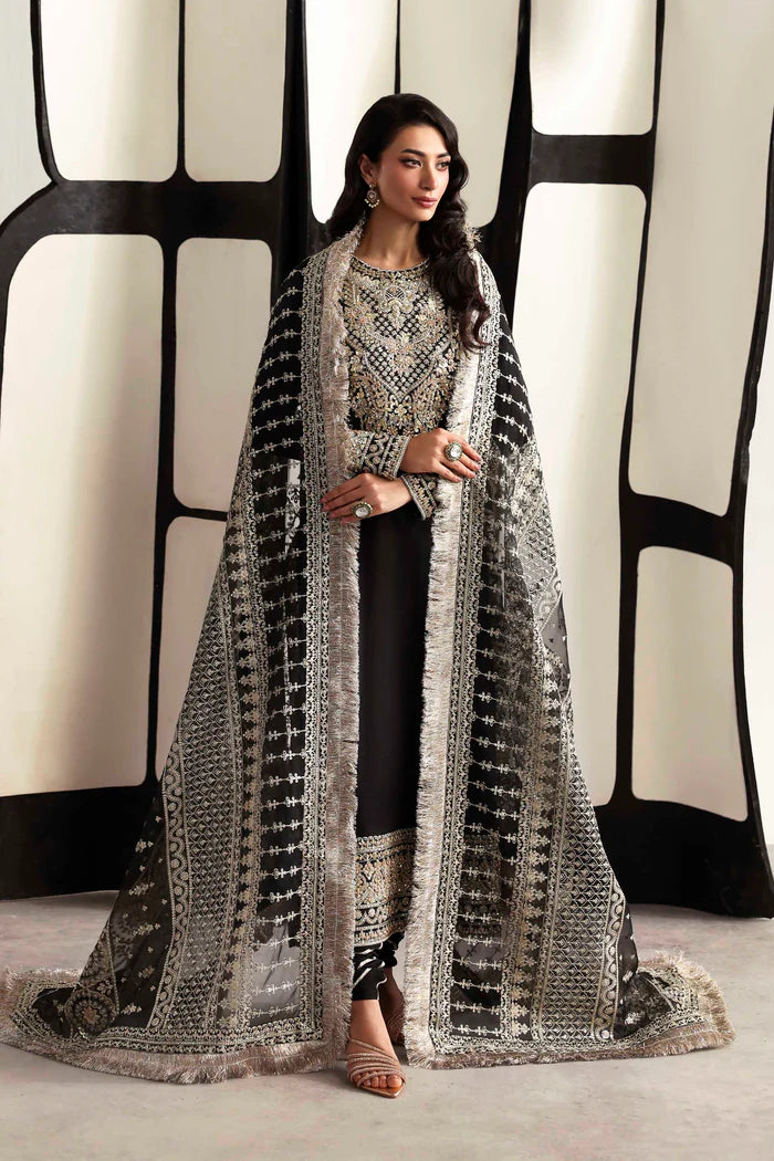 Luxury organza suit with hand-embroidered front and back necklines, detailed borders, embroidered dupatta, and dyed silk for front, back, sleeves, and trouser.