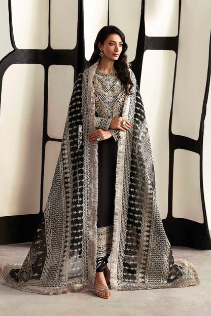 Luxury organza suit with hand-embroidered front and back necklines, detailed borders, embroidered dupatta, and dyed silk for front, back, sleeves, and trouser.