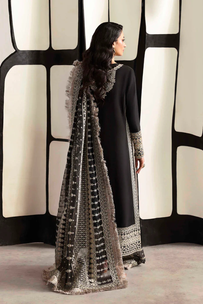 Luxury organza suit with hand-embroidered front and back necklines, detailed borders, embroidered dupatta, and dyed silk for front, back, sleeves, and trouser.