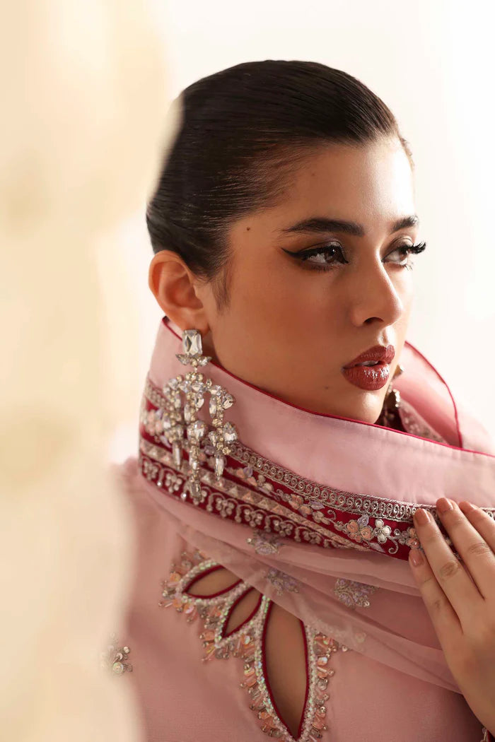 Elegant silk suit featuring hand-embroidered front, back, and sleeves, dyed silk trouser, and a 3-yard organza dupatta with embroidered borders and motifs.