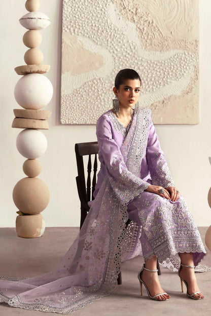 Premium silk suit featuring hand-embellished front and neckline, embroidered sleeves and borders, dyed silk back, matching trouser, and organza dupatta.