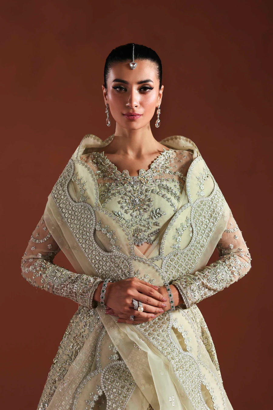 Shop organza embroidered dress with hand embellished panels, belt & dupatta. Includes inner—perfect for weddings, parties & festive wear.