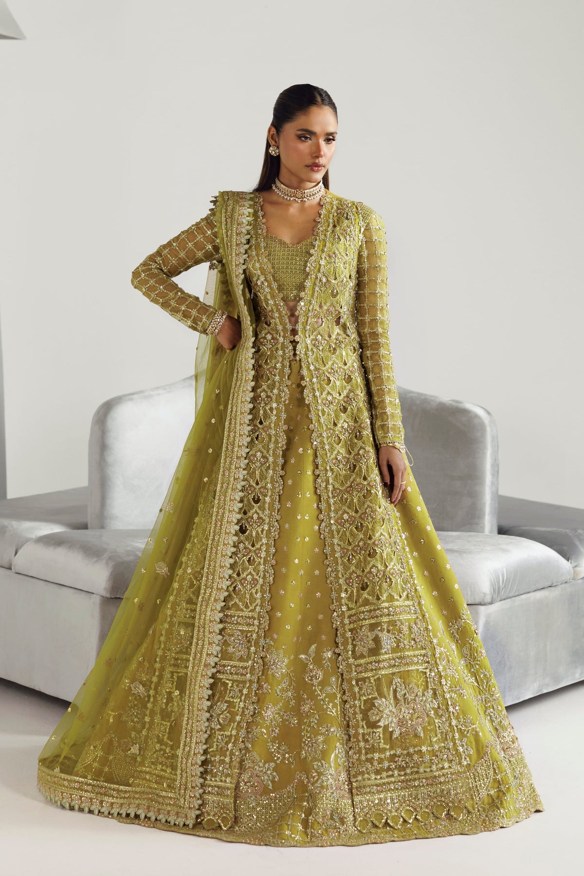 Akbar Aslam Daria hand-embellished organza shirt with lehenga