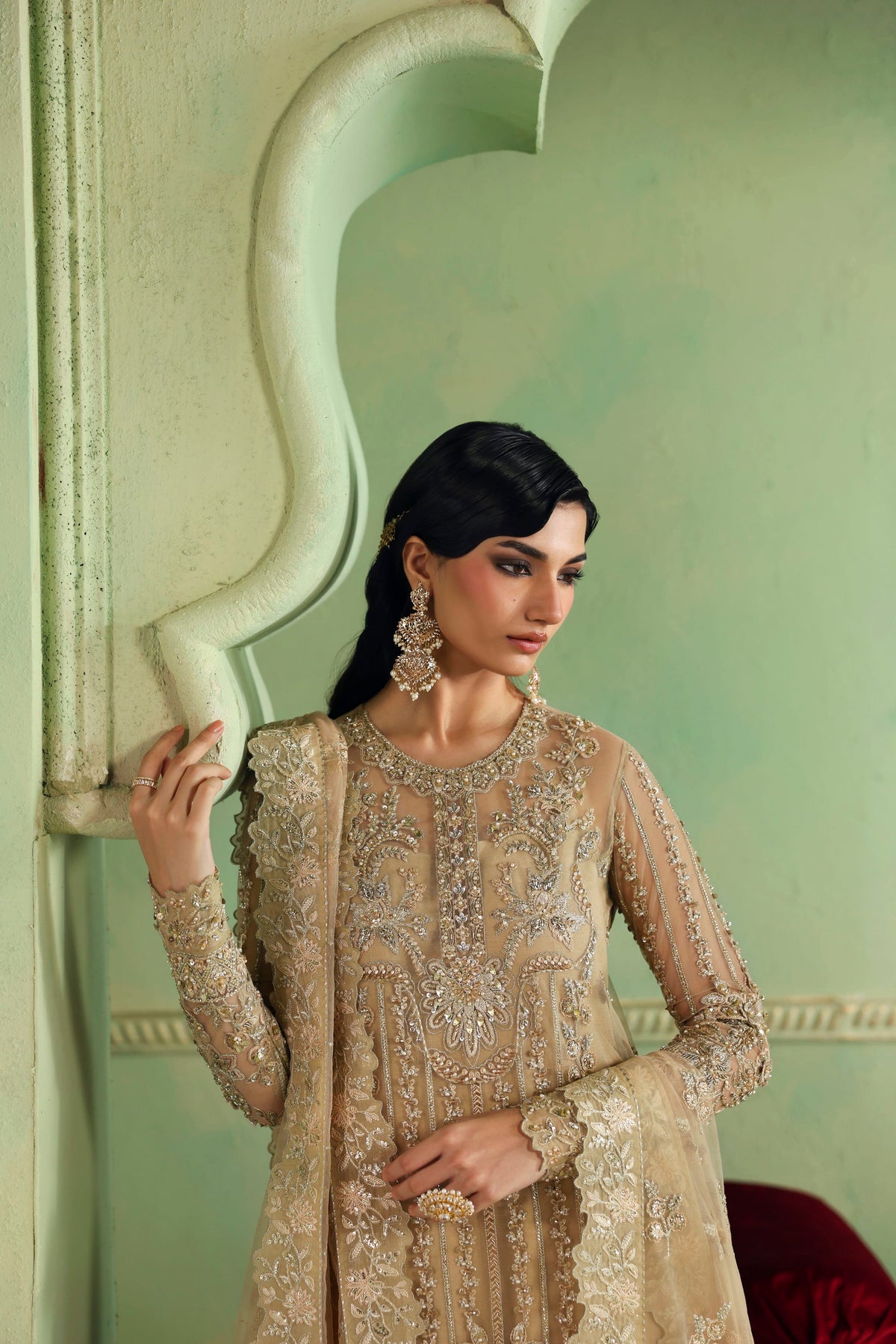 Akbar Aslam Zareefa side view of embroidered net shirt