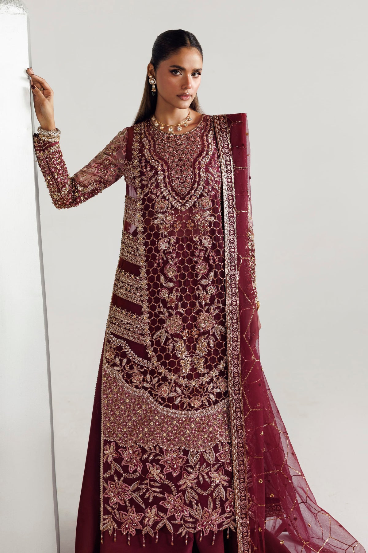 Akbar Aslam Azelle side view of embroidered organza shirt