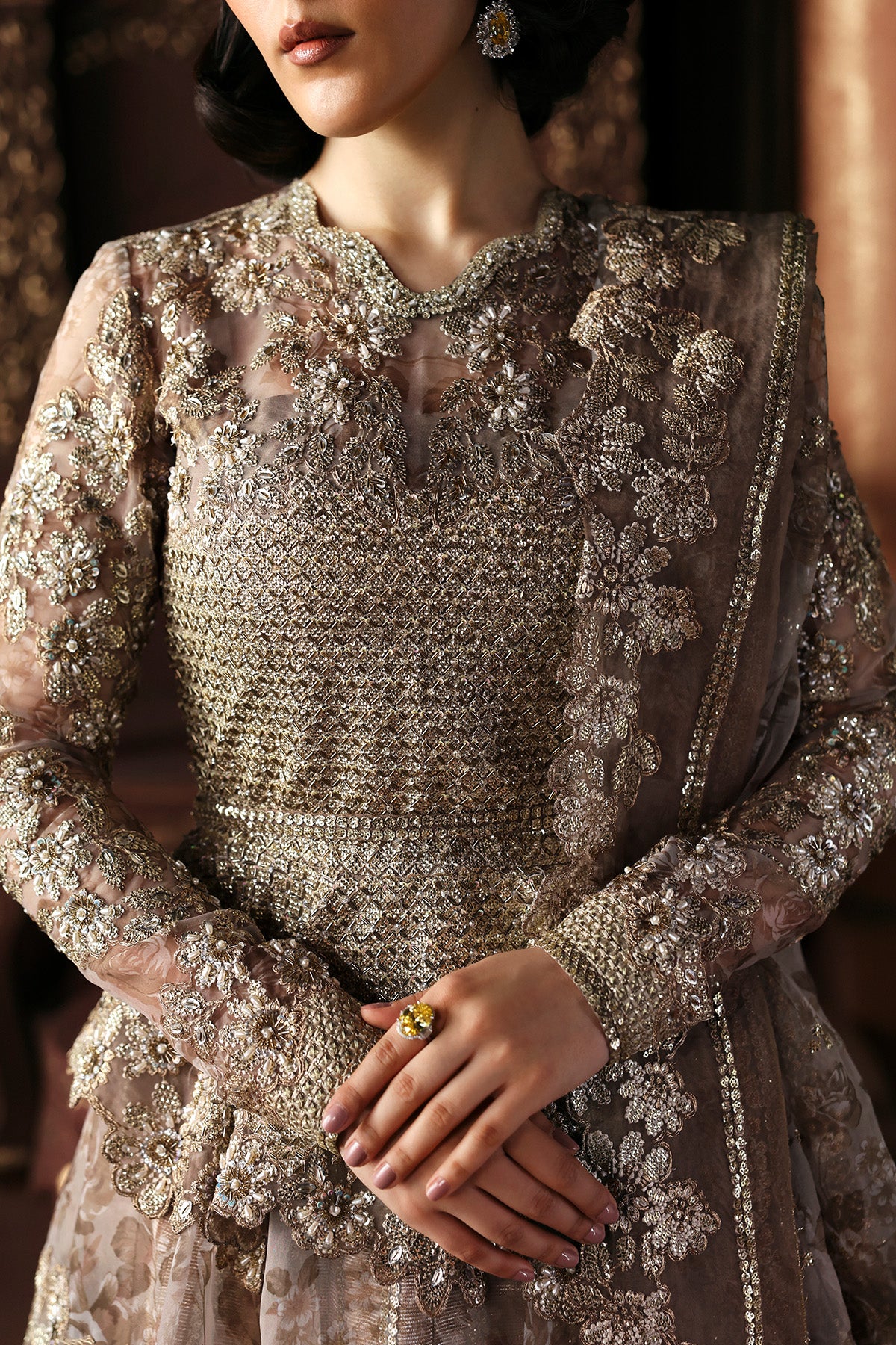 Priestess by Afrozeh – Pakistani wedding guest grey gown