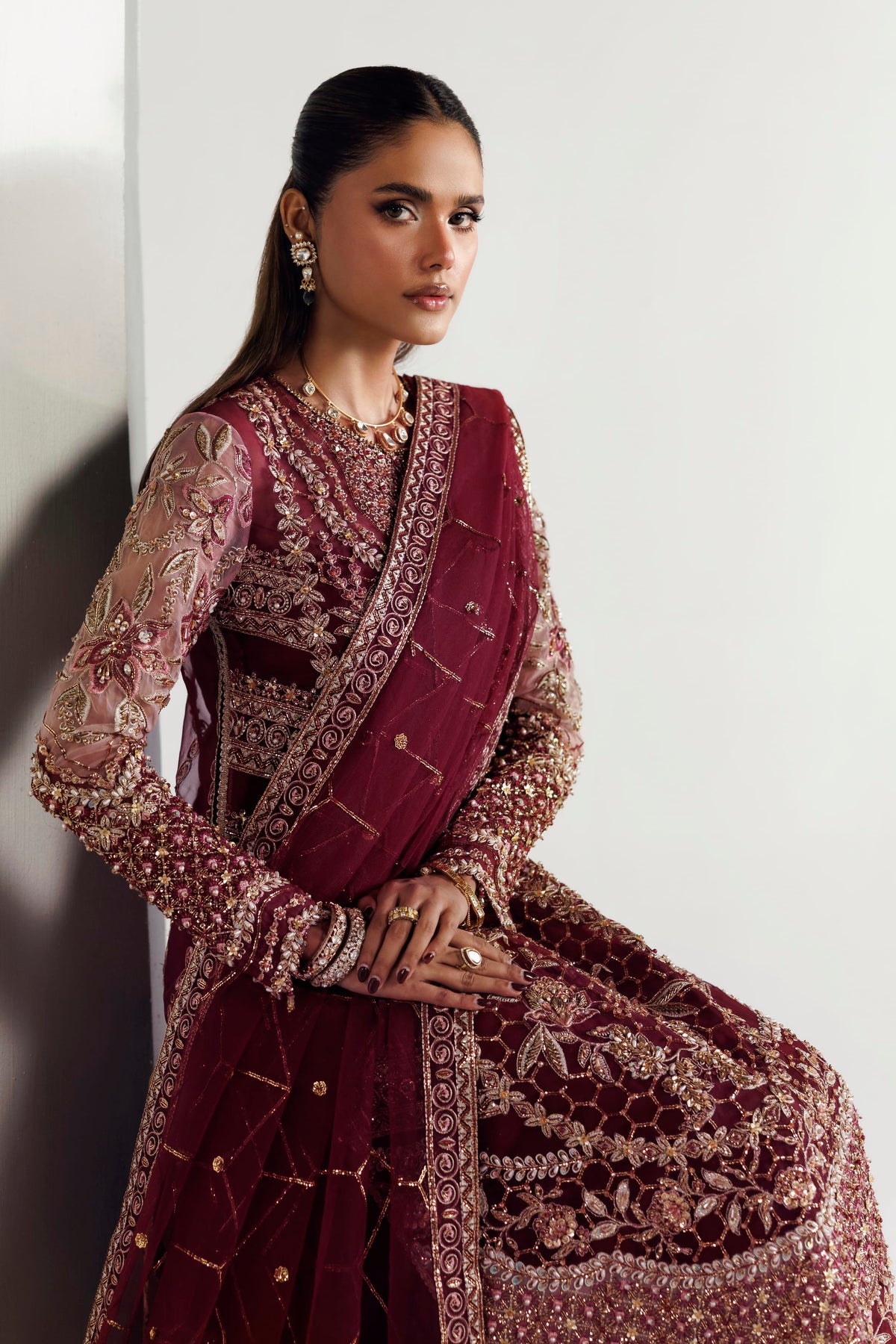 Akbar Aslam Azelle embroidered net dupatta with organza border