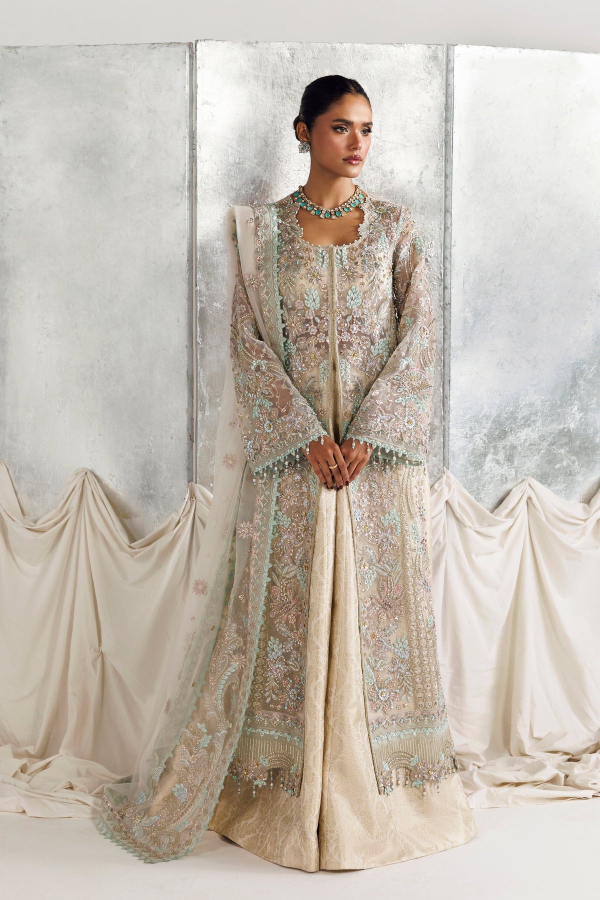 Akbar Aslam Ruya hand-embellished organza Pakistani formal with sharara