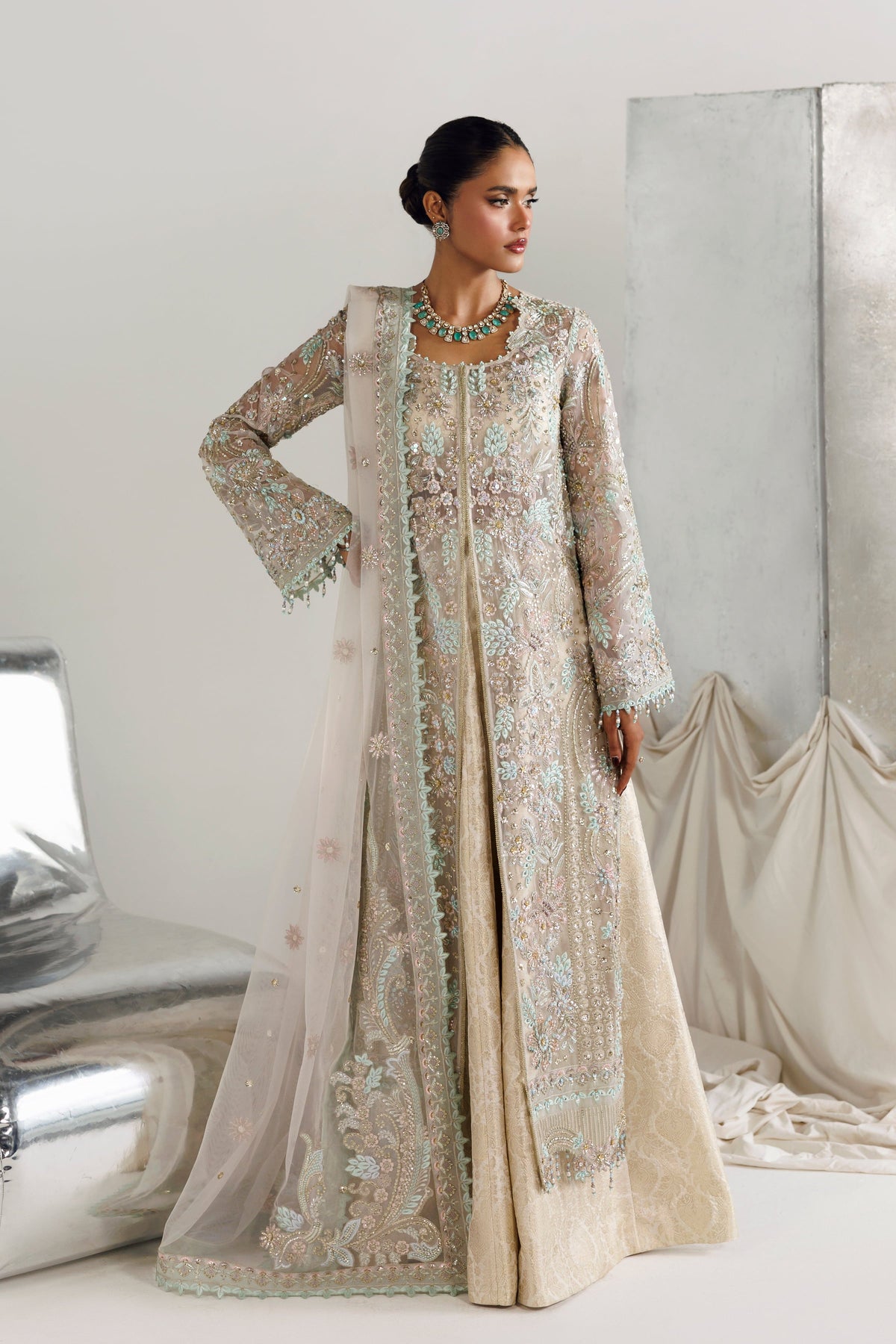 Akbar Aslam Ruya organza shirt with embroidered net dupatta