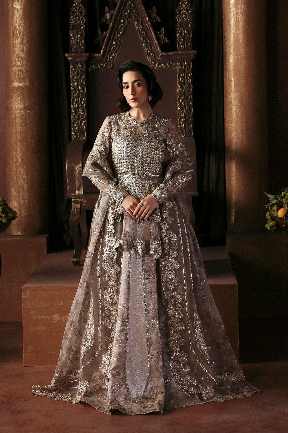 Afrozeh Priestess silver-grey embellished organza A-line gown