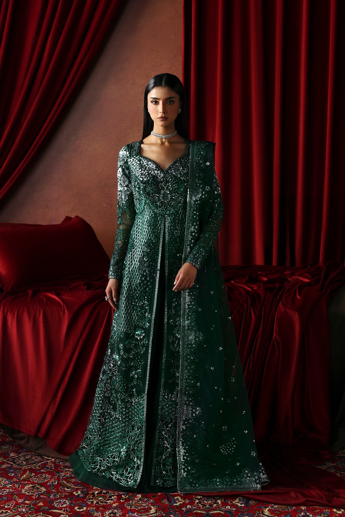 Afrozeh Hierophant emerald green embellished organza gown with open overlay