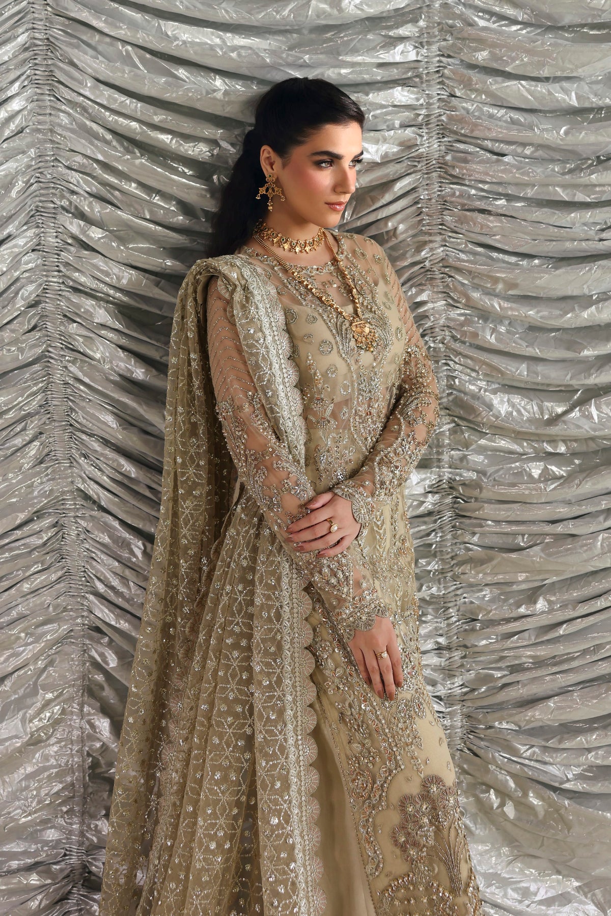 Roshanara by Akbar Aslam – Pakistani wedding guest net suit