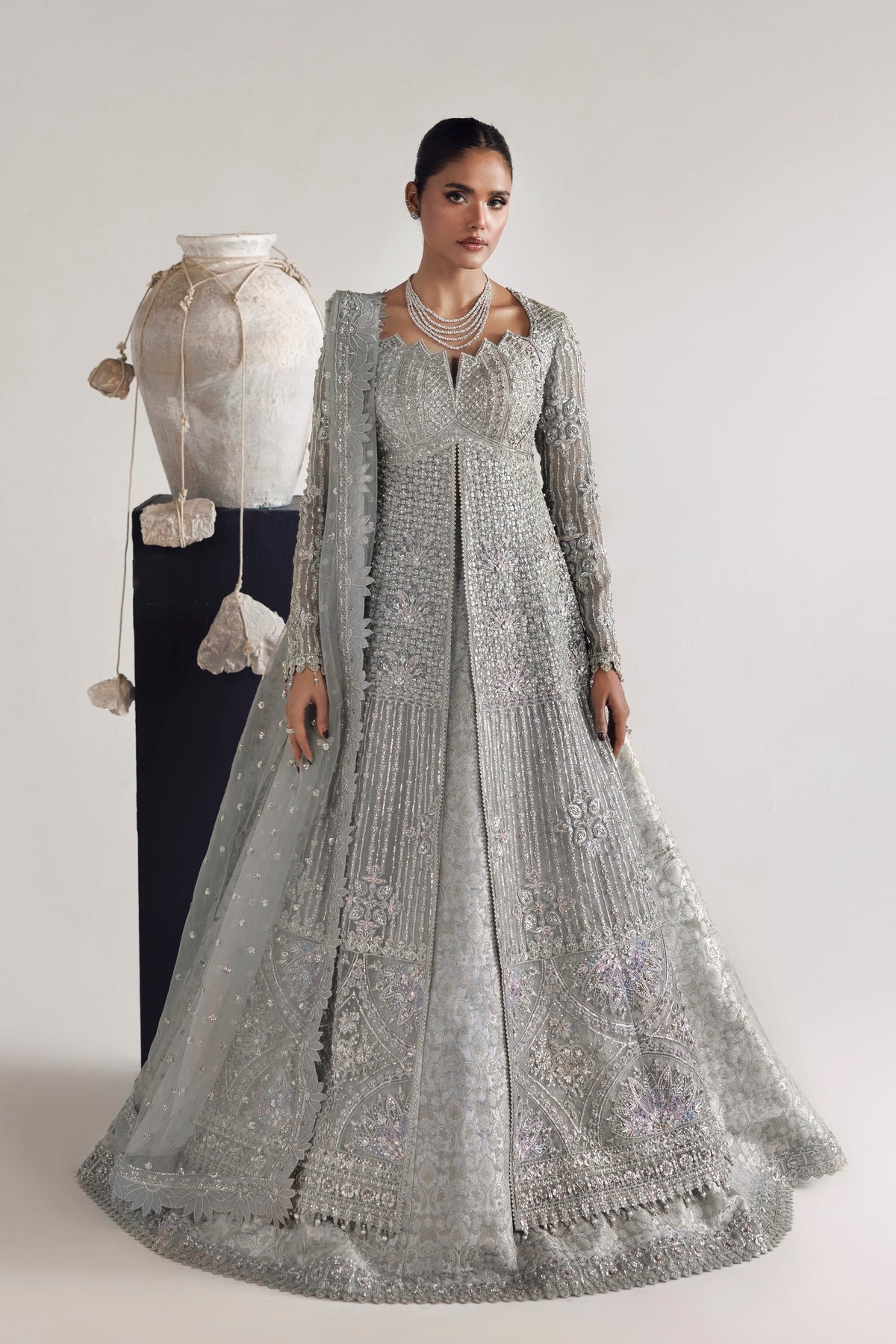 Akbar Aslam Veyra embellished organza shirt with jamawar lehenga