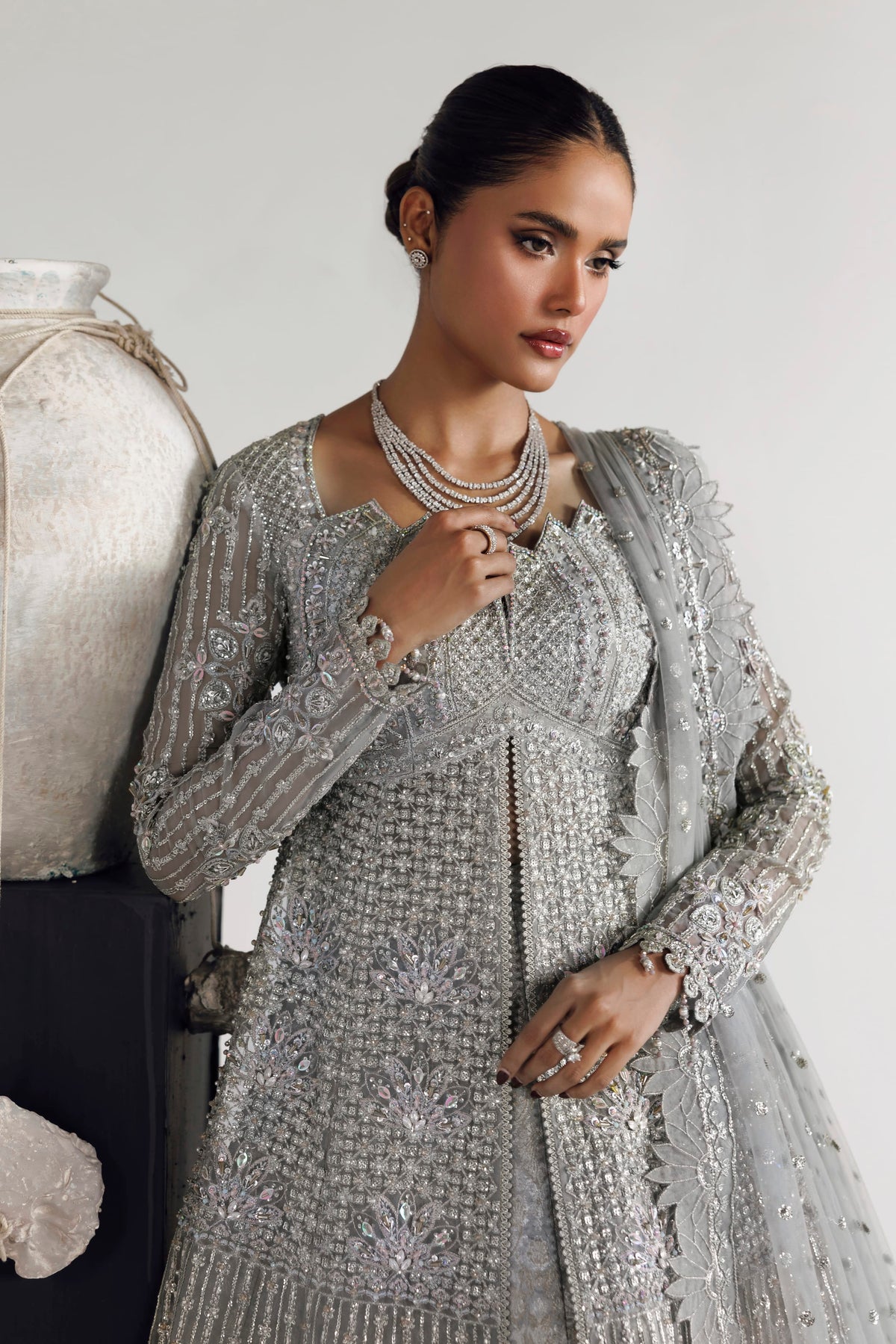 Akbar Aslam Veyra jamawar lehenga with organza border