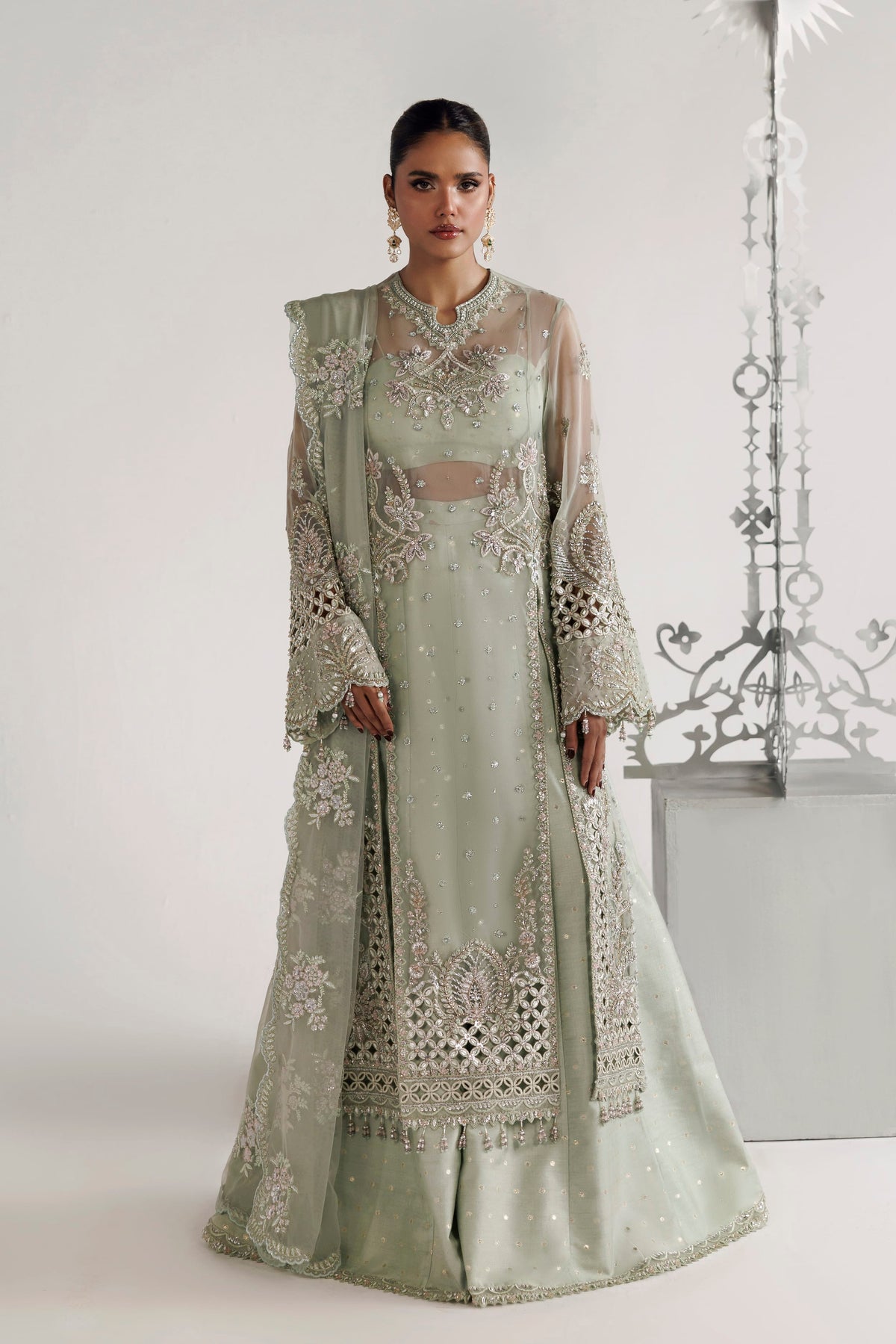 Akbar Aslam Zaria hand-embellished organza panels with raw silk sharara