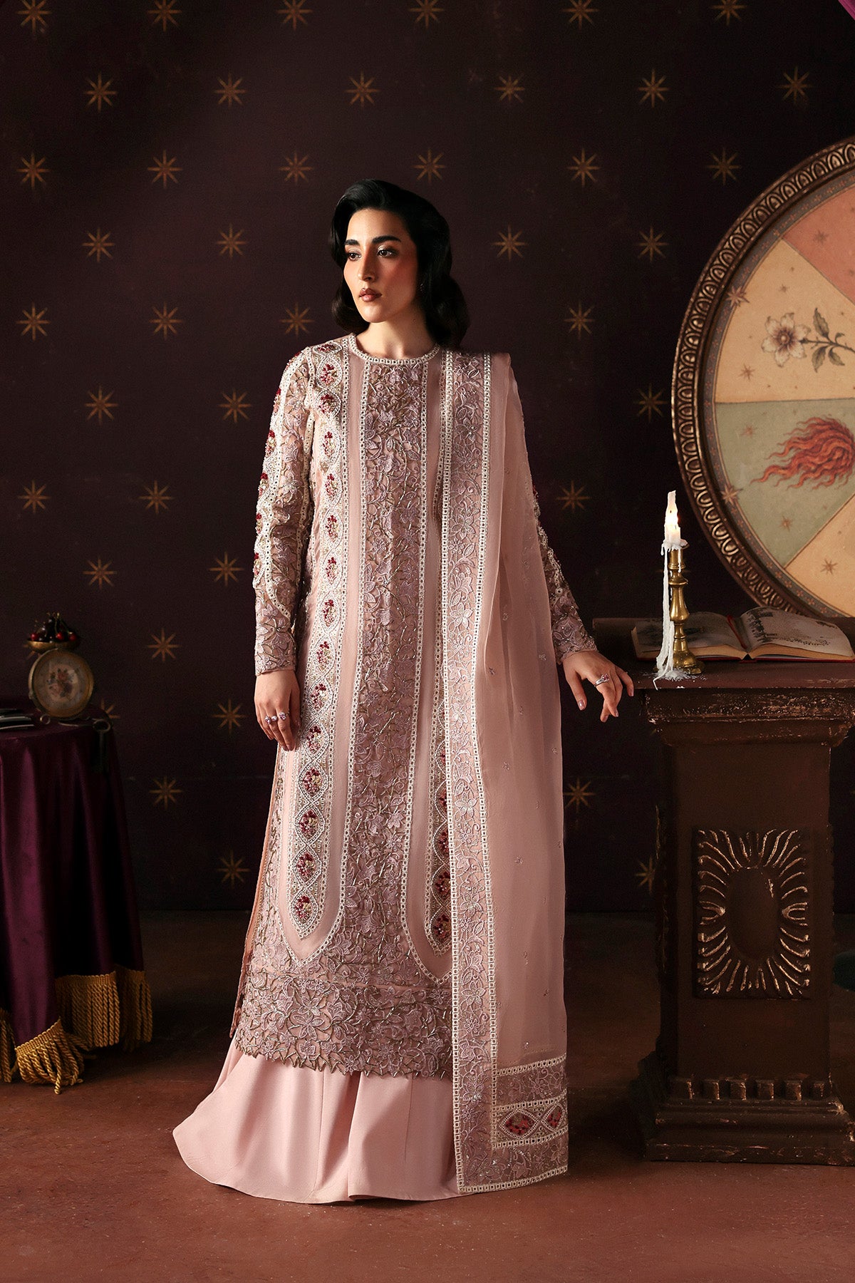 Afrozeh Hermit blush pink floor-length organza shirt with silver embroidery
