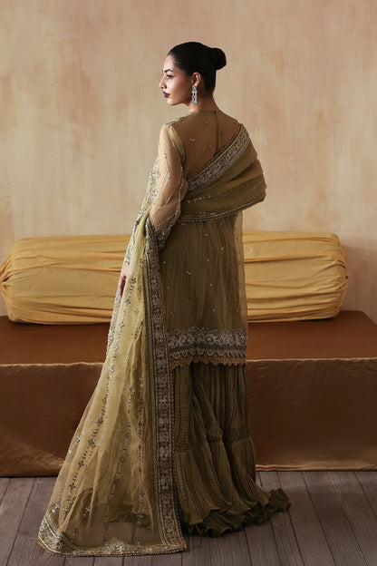 Exquisite hand-embroidered organza suit featuring detailed front, back, and sleeves panels, paired with an embroidered organza dupatta and dyed trousers for festive elegance.
