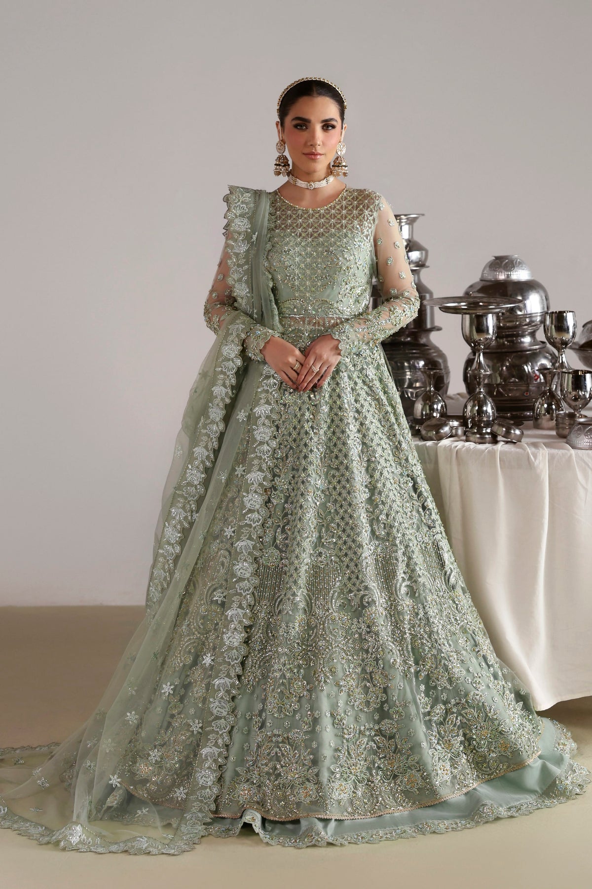 Akbar Aslam Mahsima hand-embellished net blouse with panelled lehenga