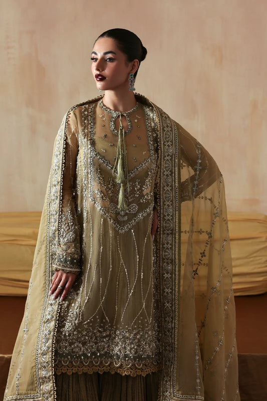 Exquisite hand-embroidered organza suit featuring detailed front, back, and sleeves panels, paired with an embroidered organza dupatta and dyed trousers for festive elegance.