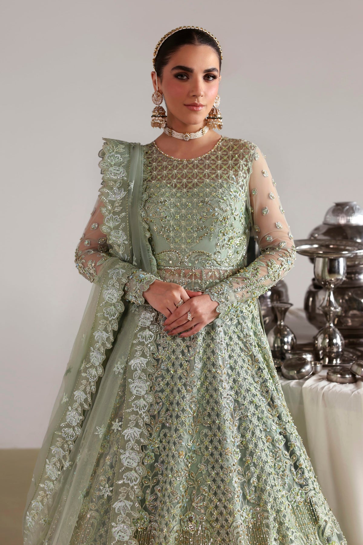 Akbar Aslam Mahsima Pakistani net lehenga with dupatta