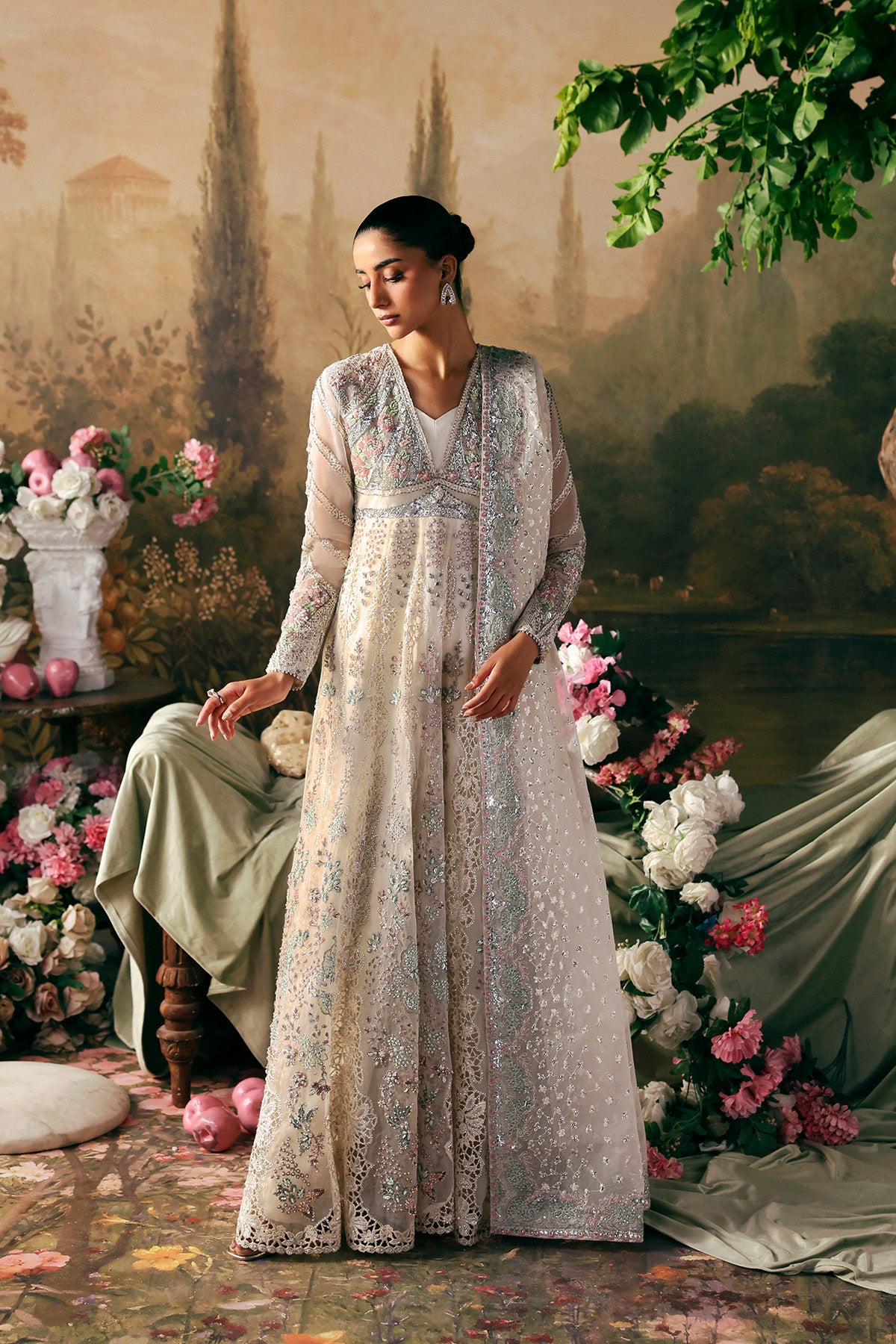 Afrozeh Queen ivory floor-length organza gown with silver beadwork