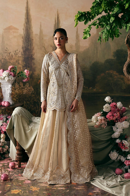 Afrozeh Emperor ivory-gold embroidered organza peplum with sharara