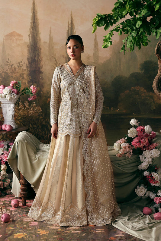 Afrozeh Emperor ivory-gold embroidered organza peplum with sharara