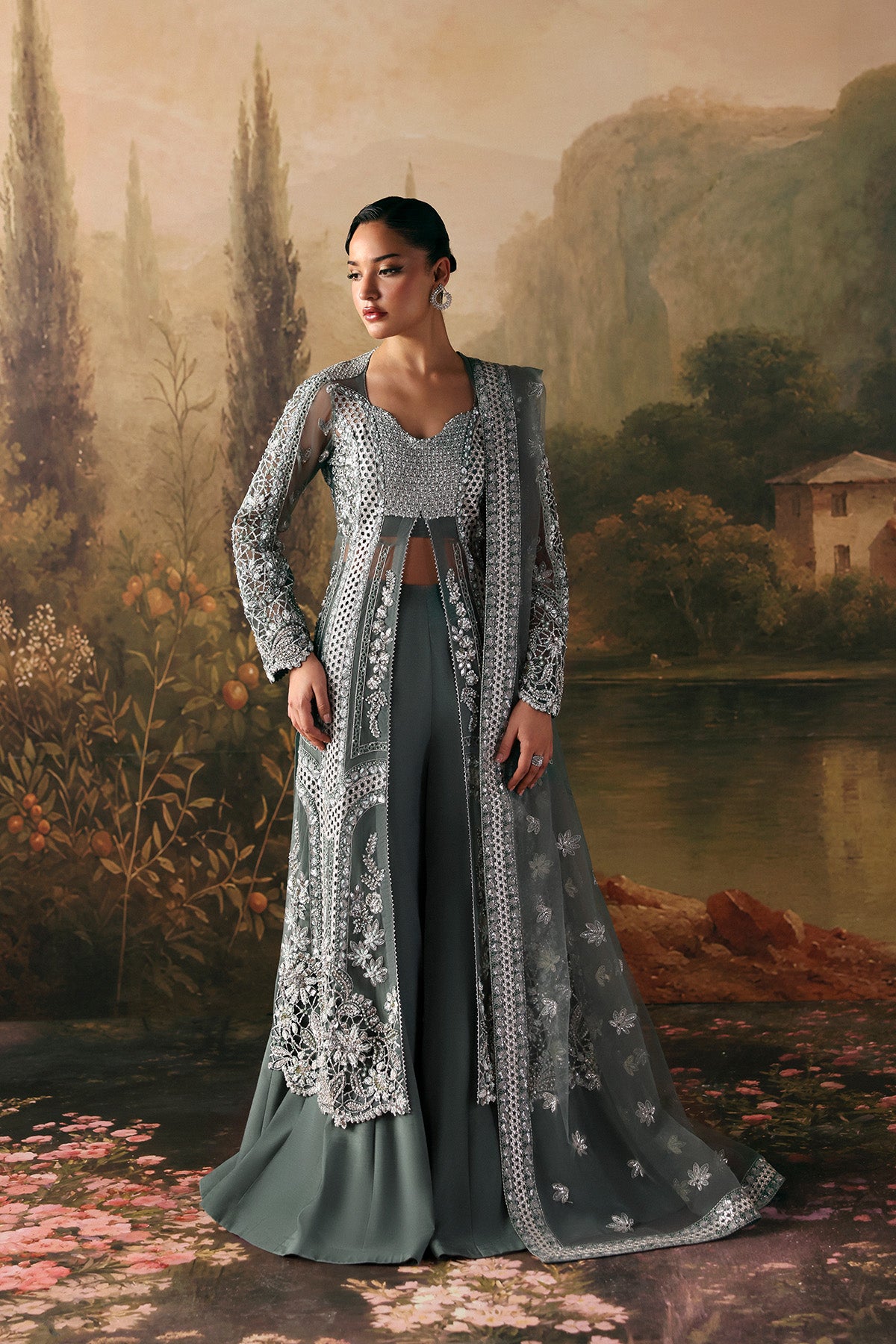 Afrozeh Crescent steel grey embellished raw silk formal
