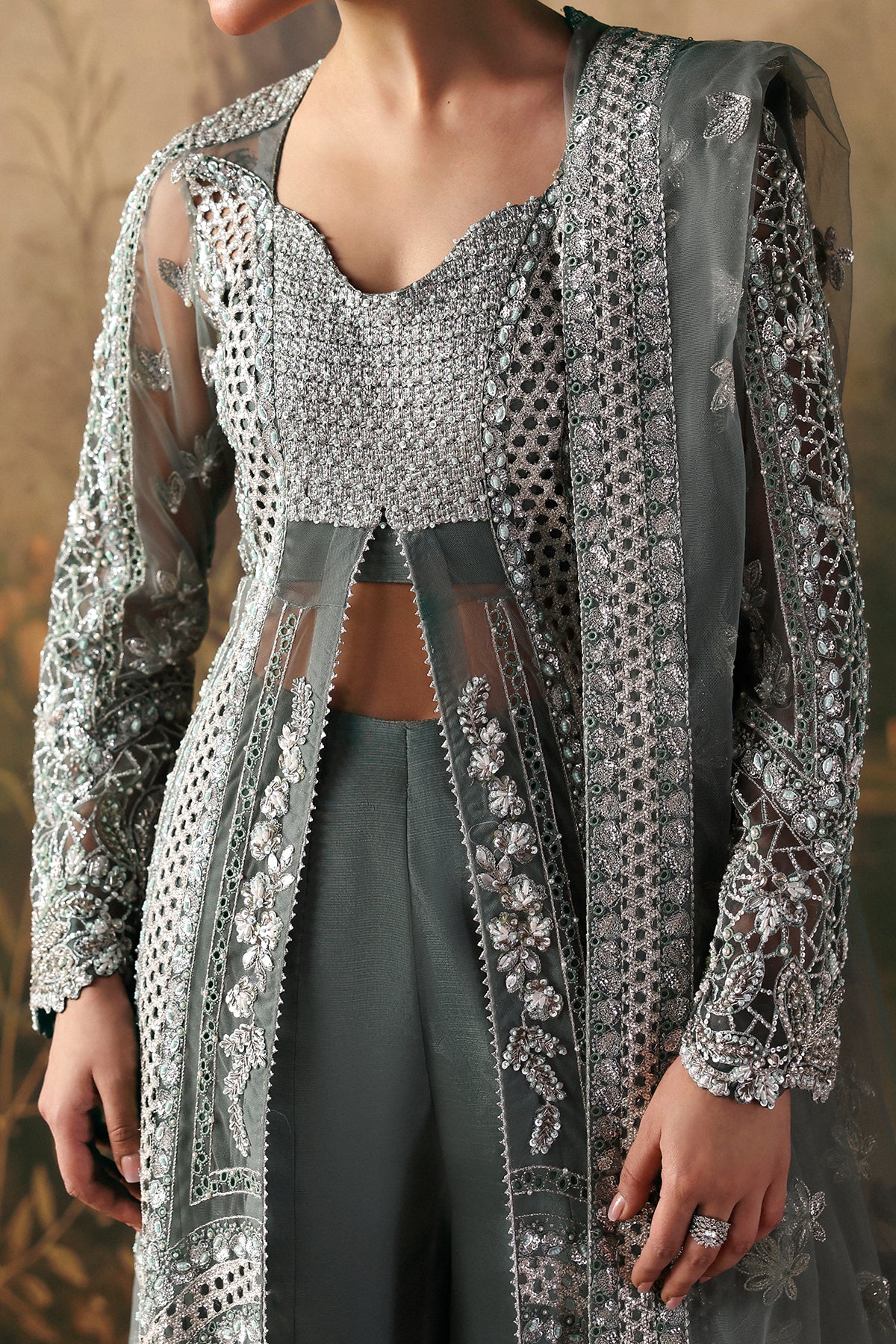 Crescent by Afrozeh – Pakistani wedding guest grey outfit