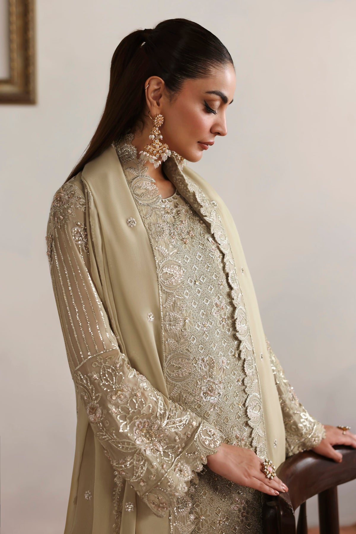 Akbar Aslam Evora embroidered chiffon sleeves close-up