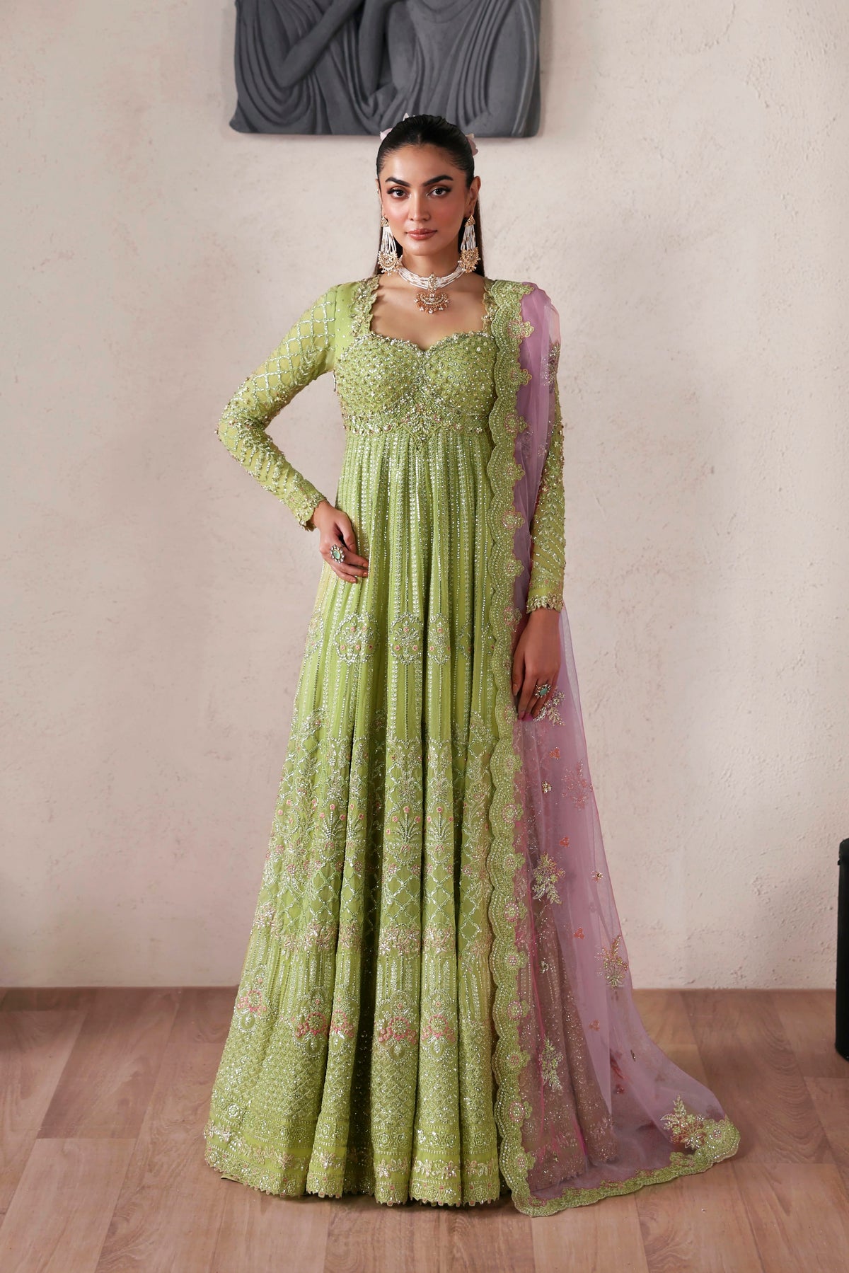 Akbar Aslam Zarelle hand-embellished chiffon blouse with 12-panel maxi