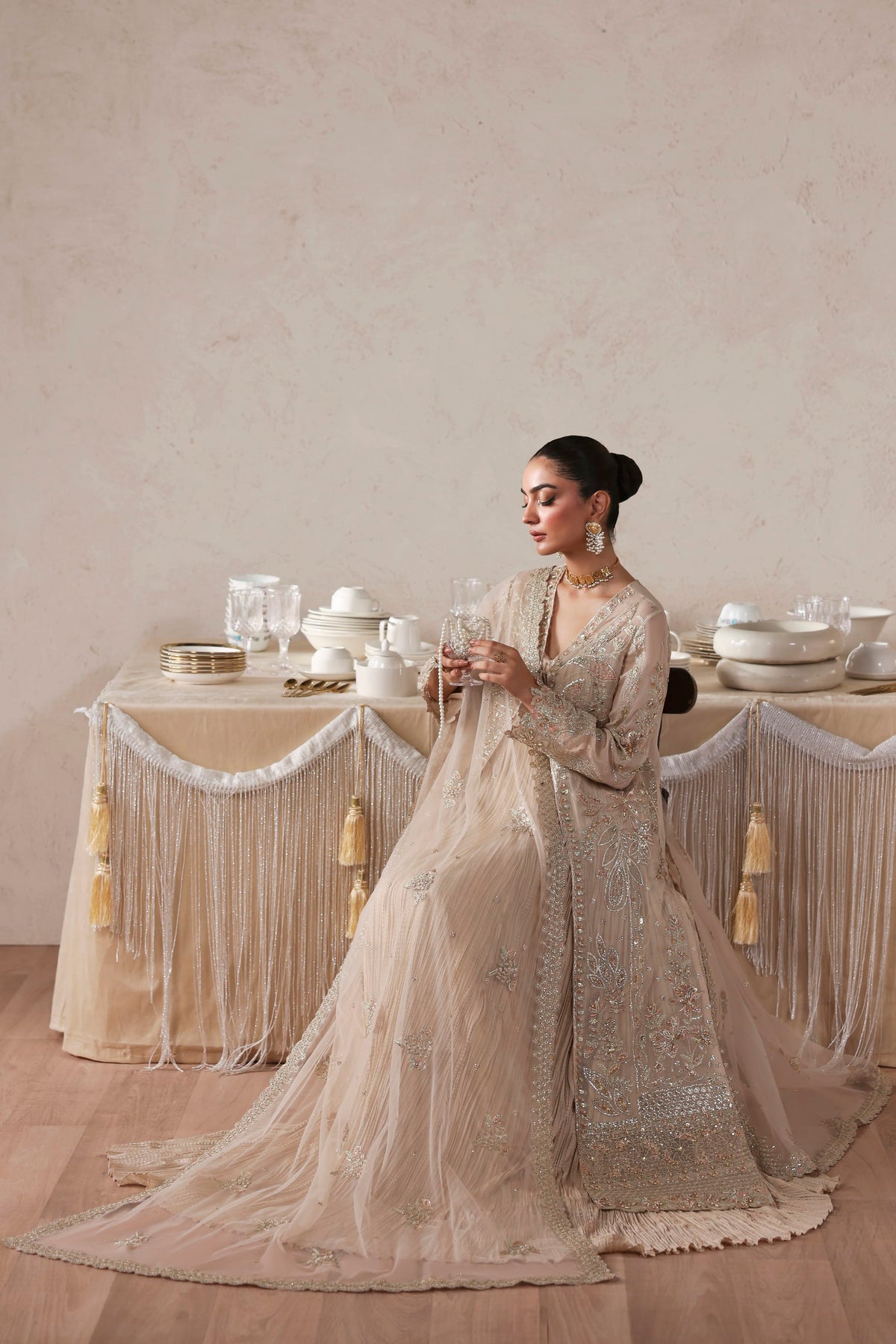 Akbar Aslam Marceline embroidered chiffon sleeves close-up