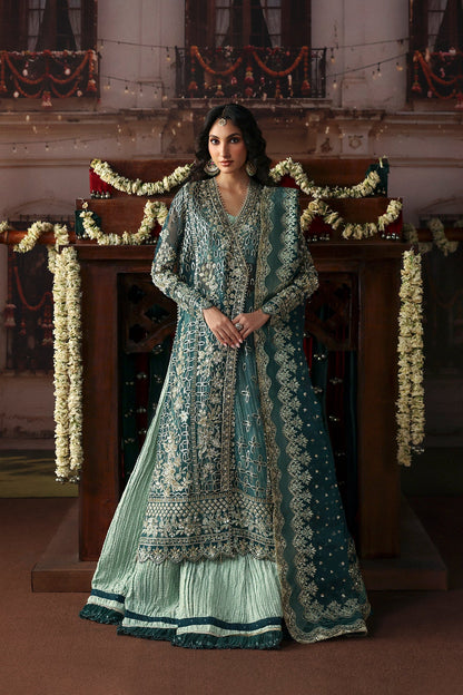 Afrozeh Suhan sea green organza wedding formal with silver embroidery