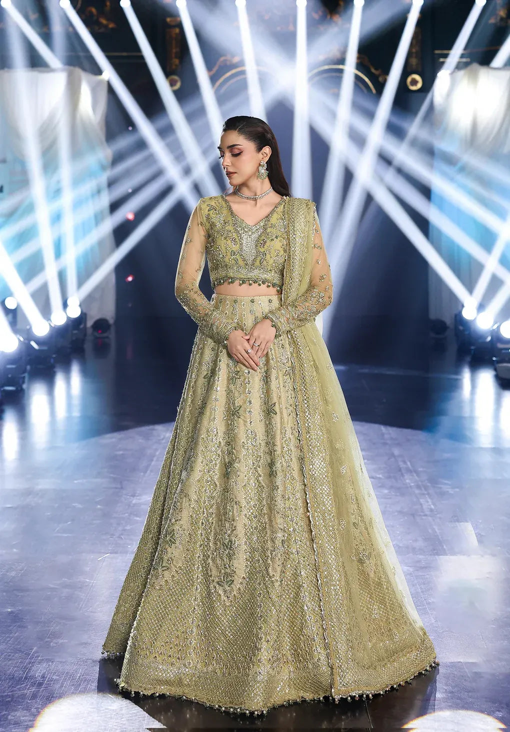Mint Majesty by Elaf Stardom ’25 features hand-embroidered organza-poly net panels, elegant dupatta, and raw silk inner — perfect for festive and formal events.