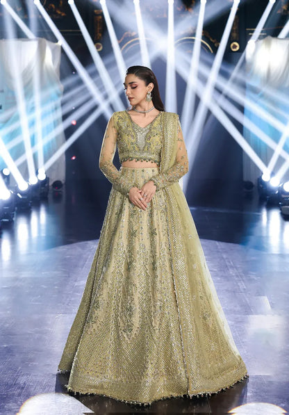 Mint Majesty by Elaf Stardom ’25 features hand-embroidered organza-poly net panels, elegant dupatta, and raw silk inner — perfect for festive and formal events.