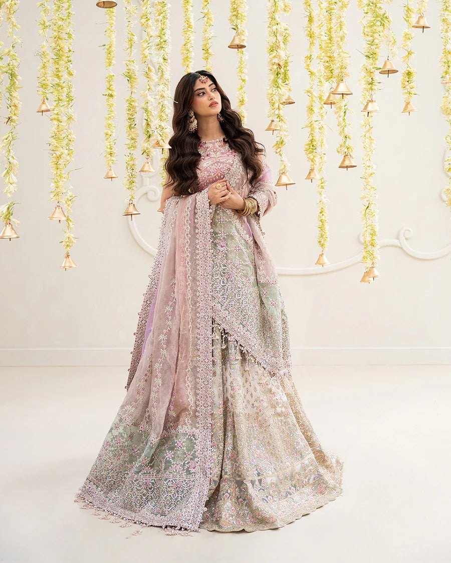 Elegant Suzan lehnga set in blush pink featuring a delicately embroidered tissue blouse, voluminous net skirt, and contrasting organza dupatta—perfect for festive occasions.
