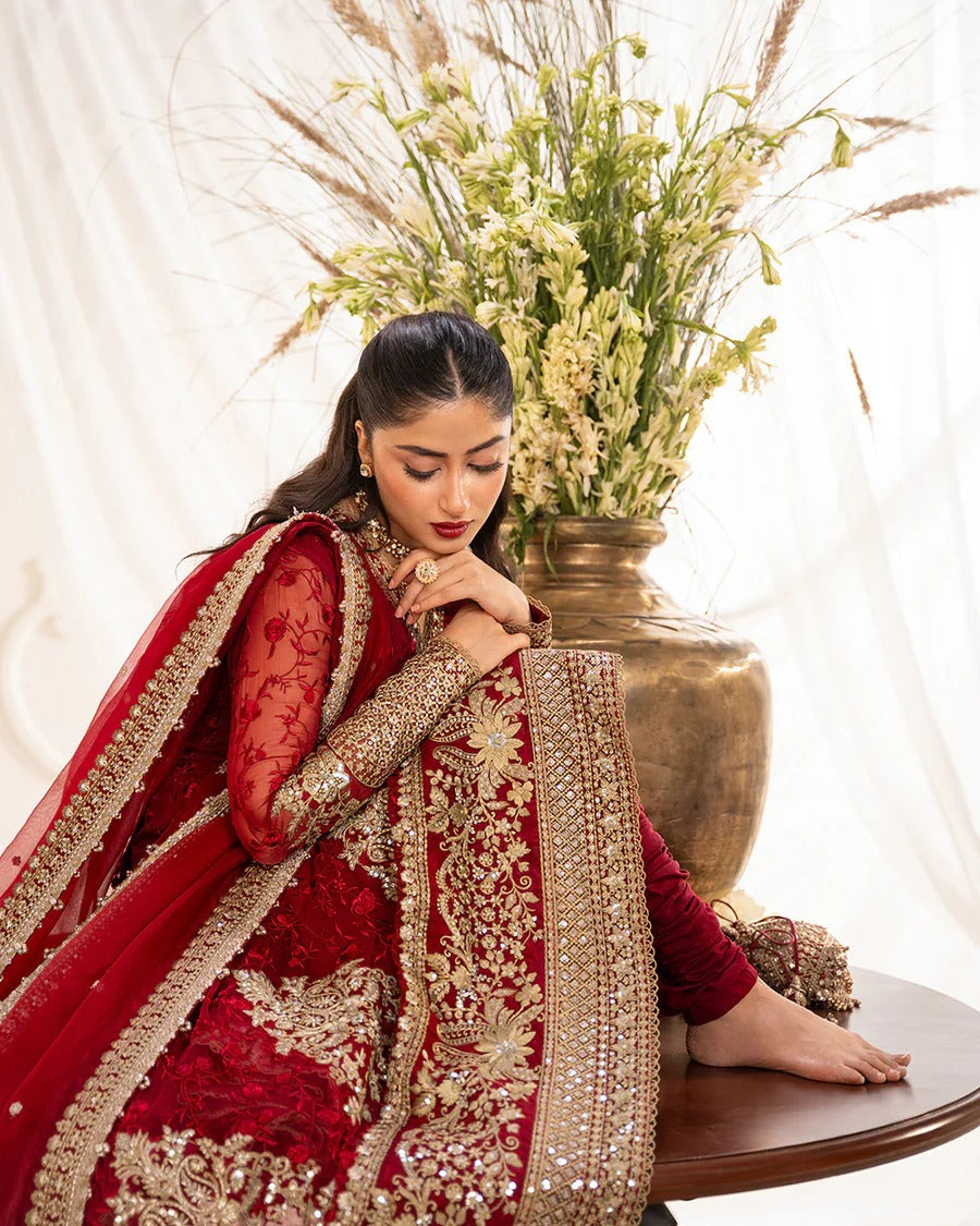 Gul festive set in vibrant scarlet chiffon with intricate embroidery, paired with silk churidar and organza dupatta—perfect for weddings and celebratory occasions.