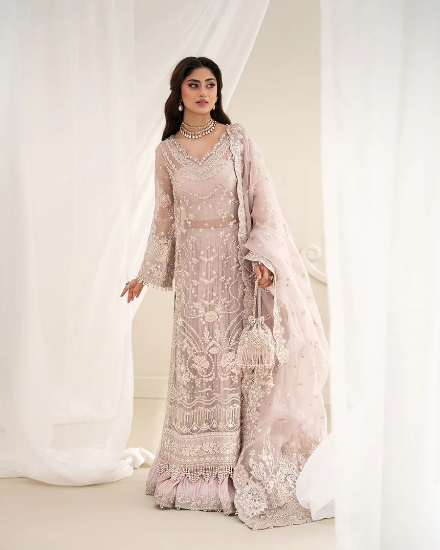 Ela dusty rose ensemble with embellished organza shirt, embroidered silk trousers, and organza dupatta—perfect for weddings, festive occasions, and celebrations.