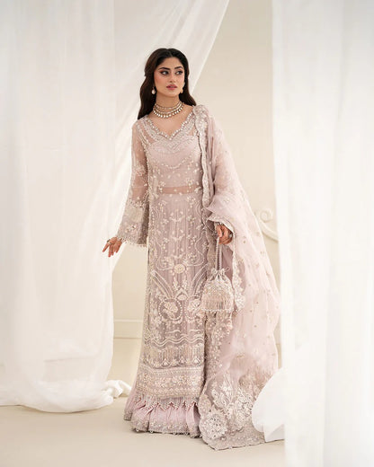 Ela dusty rose ensemble with embellished organza shirt, embroidered silk trousers, and organza dupatta—perfect for weddings, festive occasions, and celebrations.