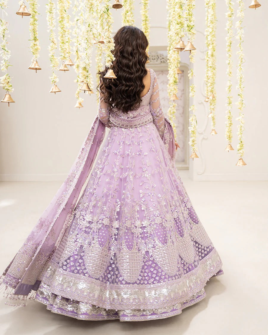 Pinar ensemble in lilac net bodice jacket with embroidered Shamose silk lehnga and flowy chiffon dupatta—perfect for weddings, festive occasions, and formal events.