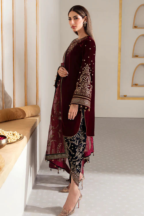 Pure velvet dress with intricate embroidery and organza dupatta, crafted for timeless elegance and luxury — perfect for formal gatherings and events.
