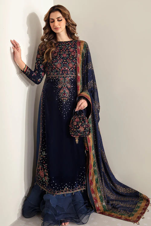 Rich velvet formal dress with intricate embroidery, chiffon dupatta, and silk trouser. A timeless outfit blending elegance, comfort, and sophistication.