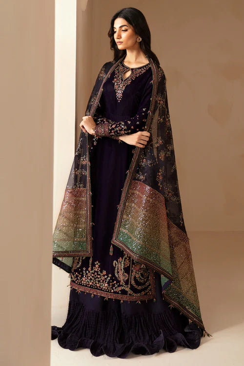 Pure velvet dress with intricate embroidery, digital printed organza dupatta, and raw silk bottom. A perfect choice for a refined and luxurious formal look.