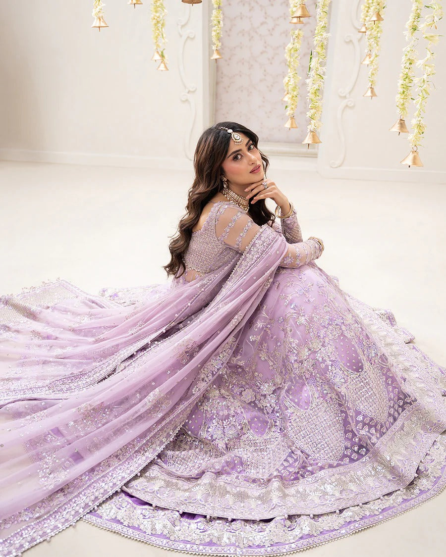 Pinar ensemble in lilac net bodice jacket with embroidered Shamose silk lehnga and flowy chiffon dupatta—perfect for weddings, festive occasions, and formal events.