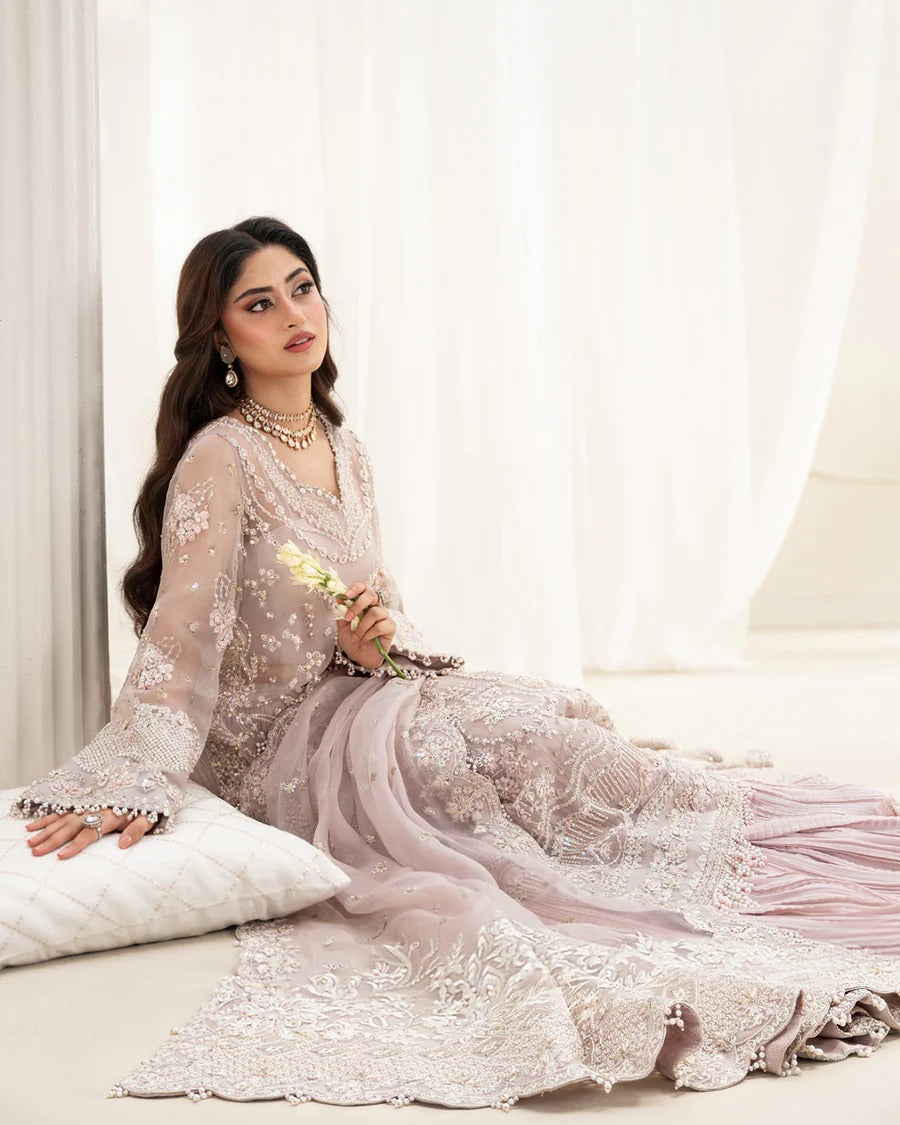 Ela dusty rose ensemble with embellished organza shirt, embroidered silk trousers, and organza dupatta—perfect for weddings, festive occasions, and celebrations.